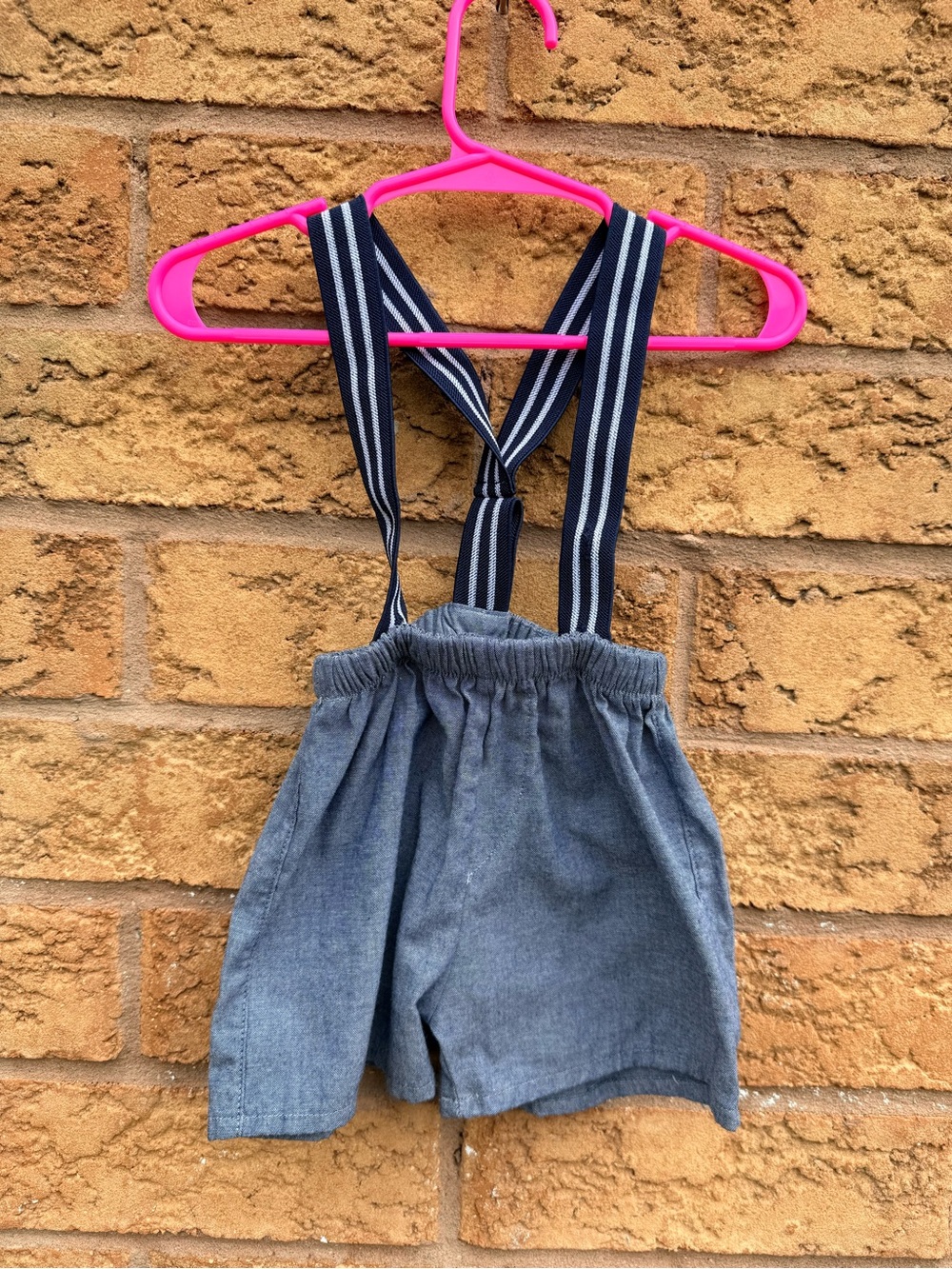 10/$25 • So Dorable  Blue Chambray Shorts with Navy Striped Suspenders